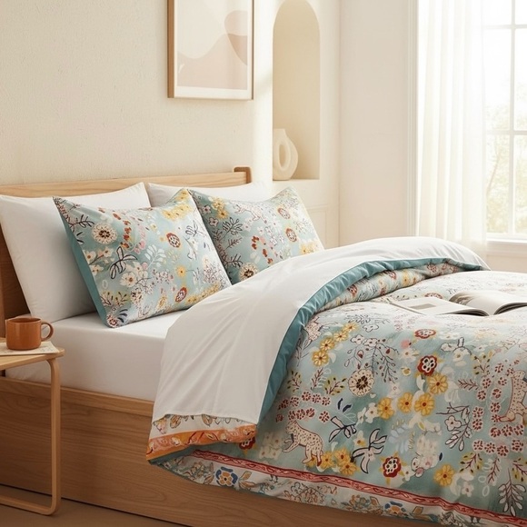 NEW Anthro Blue Jungle Multicolor Boho Queen / King Bedding Duvet & Sham Case - Picture 4 of 16